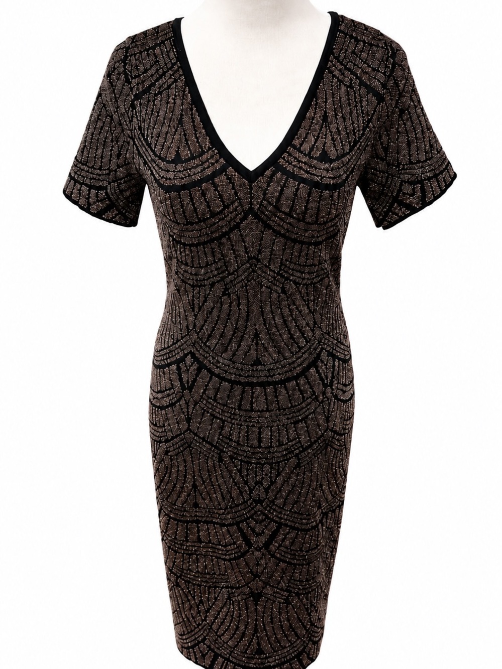 John + Jenn Black and Bronze Patterned V-Neck Sheath Dress